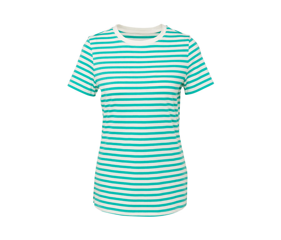 Gestreiftes, aqua-weißes Basic-T-Shirt.