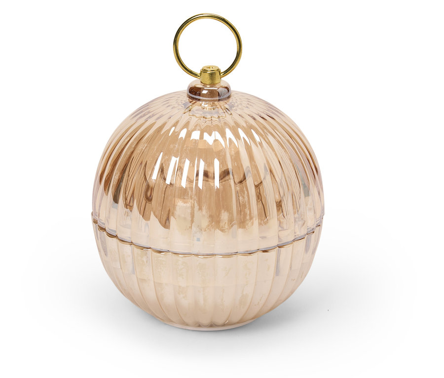 Dekorative Glasdose in Kugelform mit geriffelter Oberfläche und goldenem Griff.