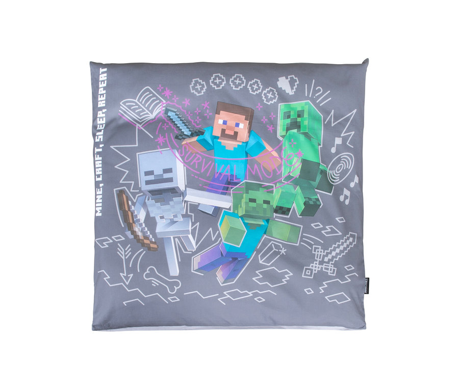 Graues Kissen mit Minecraft-Figuren, darunter Steve, Creeper und Skelett. MINECRAFT Wendebettwäsche.