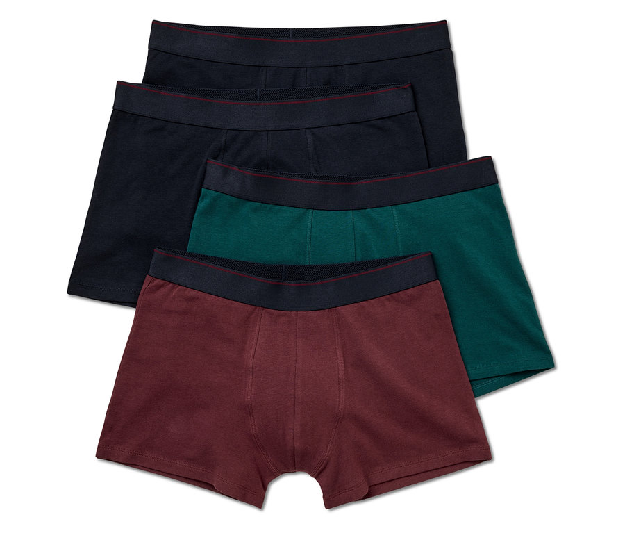 Vier Herren Boxershorts in Schwarz, Dunkelblau, Grün und Burgunderrot mit schwarzem Bund.