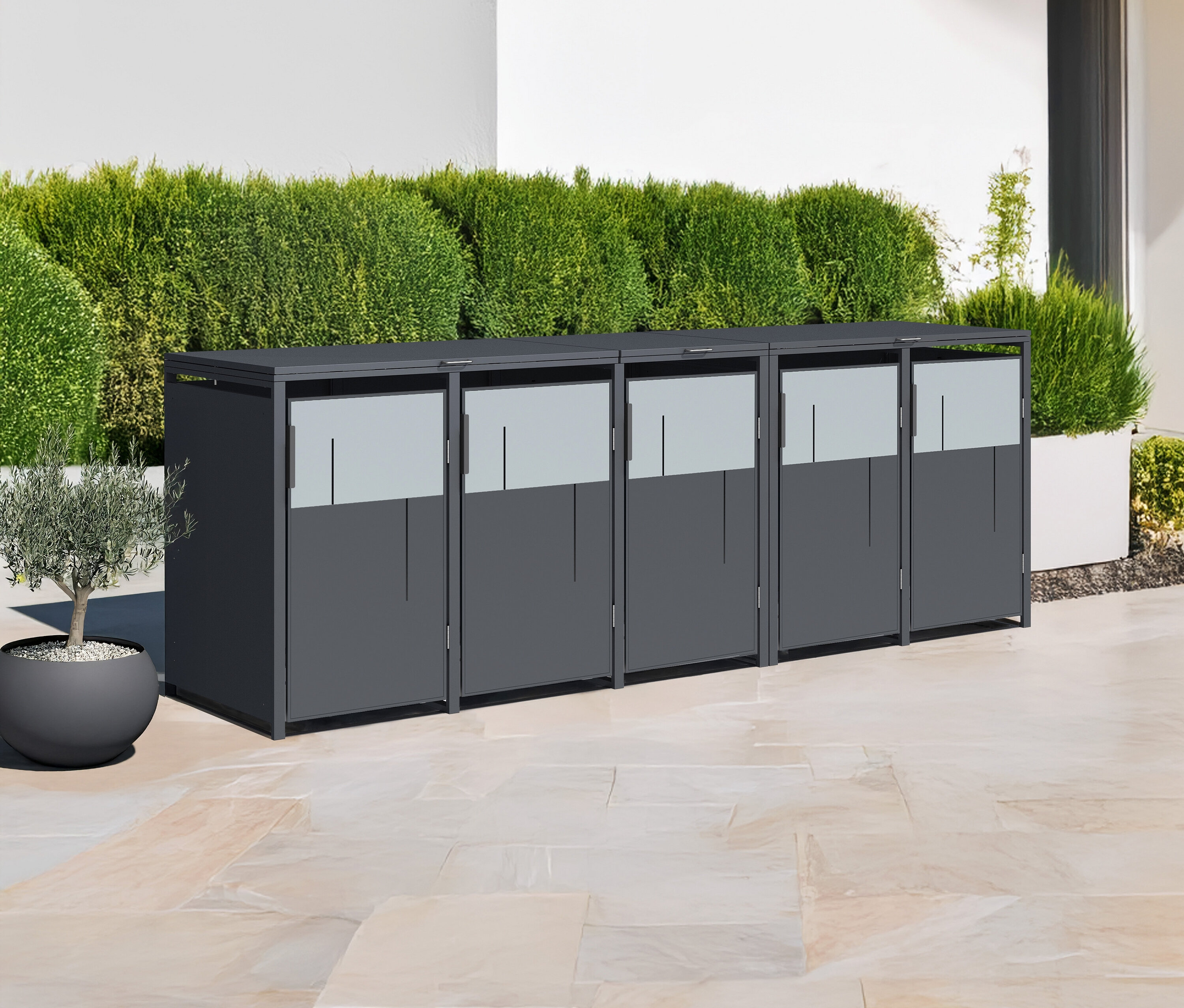 Vier graue Mülltonnenboxen mit halbtransparenten Glasoberteilen.