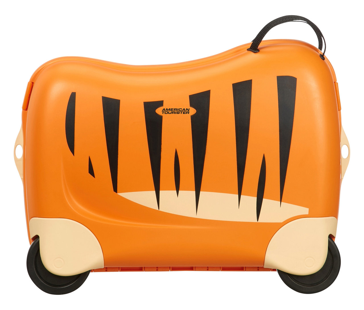 Der orangefarbene American Tourister Aufsitzkoffer »Funrider« im Tigerdesign steht auf seinen Rädern.