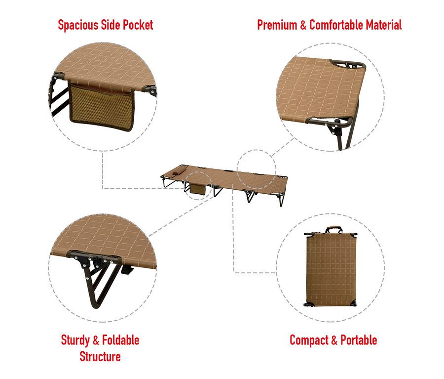 Abbildung einer braunen Campingliege mit Seitentasche, zusammengeklappt und auseinandergeklappt.