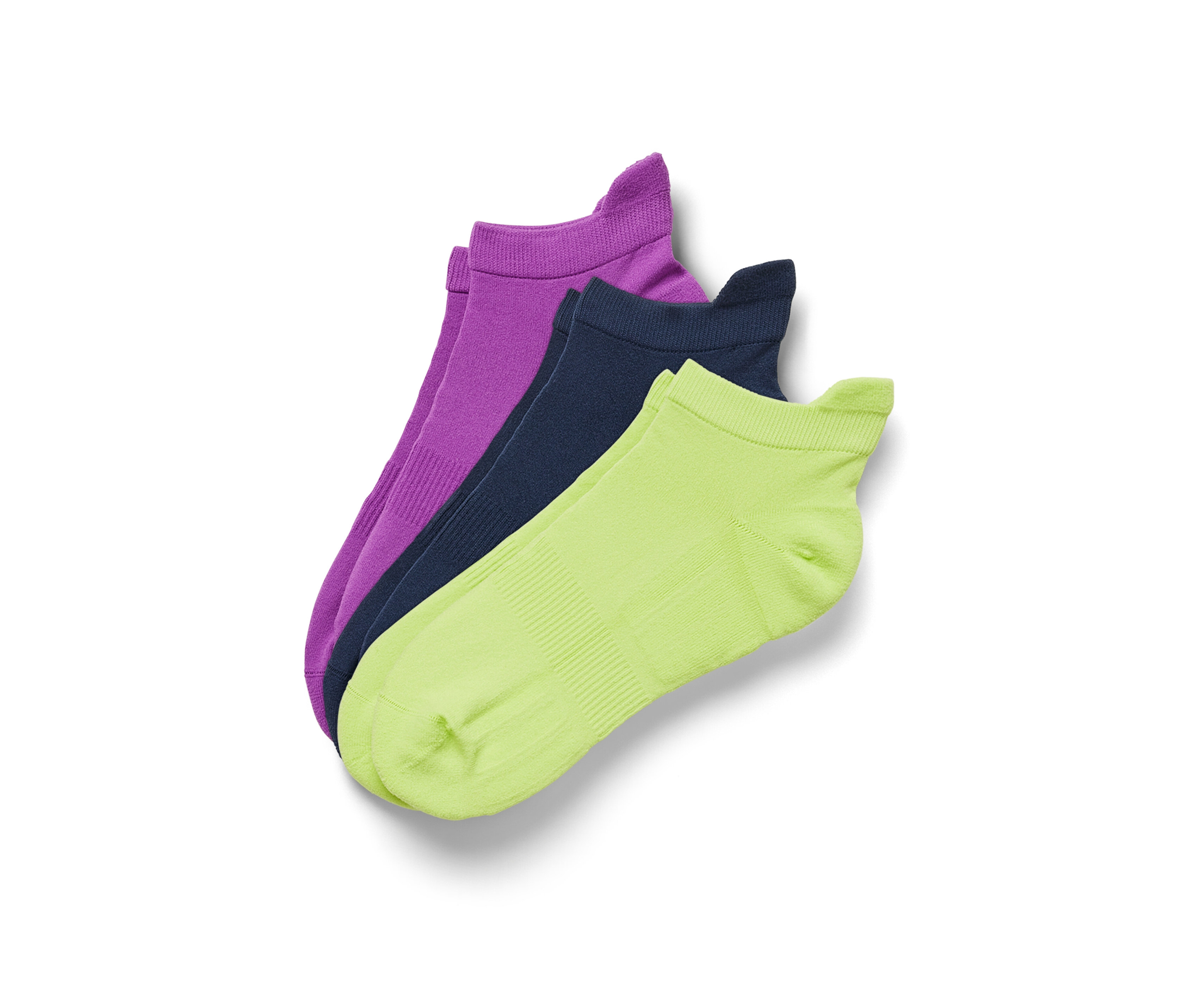 Drei Paar Funktions-Sportsocken in Violett, Lime und Dunkelblau.