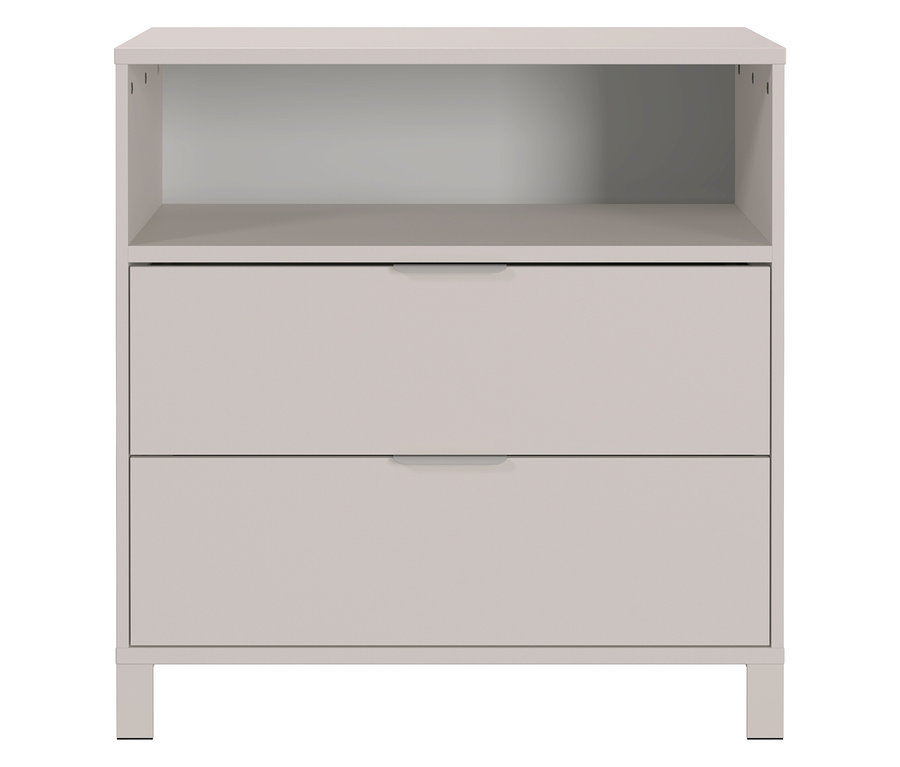 Graue »Alkmaar« Kommode mit zwei Schubladen und offenem Fach.