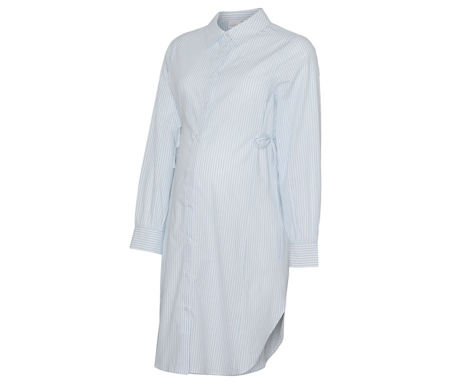 Das MAMALICIOUS MLLETICIA LIA L/S WO STRING SHIRT DRESS ist ein hellblaues, gestreiftes Hemdkleid mit langen Ärmeln.