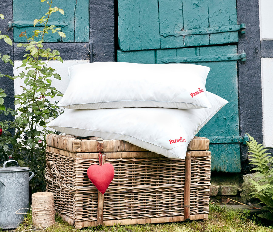 Zwei weiße Paradies »Softy BestCool« Kopfkissen (ca. 80 x 80 cm und 80 x 40 cm) liegen gestapelt auf einem Weidenkorb vor einer blaugrünen Holztür.