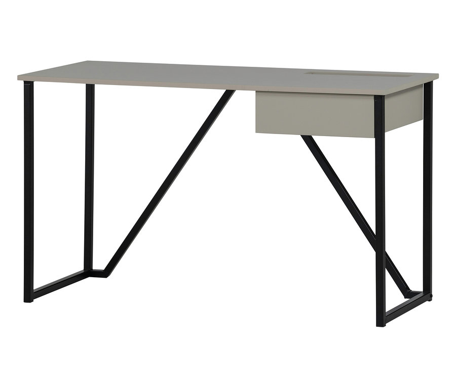 Ein grauer Schreibtisch mit schwarzem Metallgestell und einer Schublade.