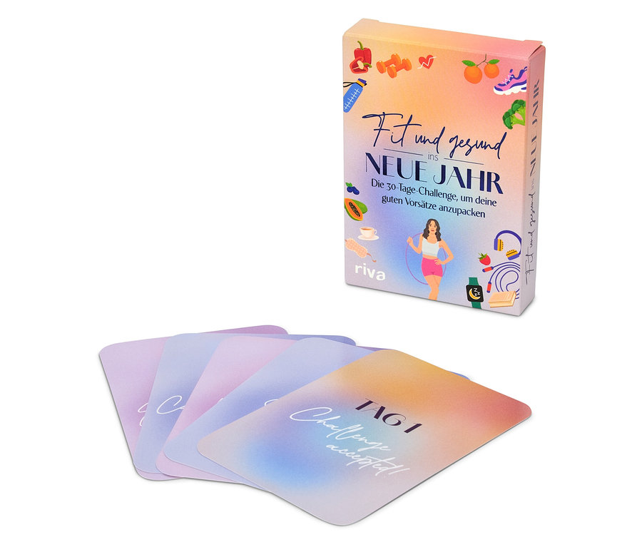 Auf dem Bild ist eine Riva 'Fit und gesund ins neue Jahr' 30-Tage-Challenge-Box und Karten zu sehen.