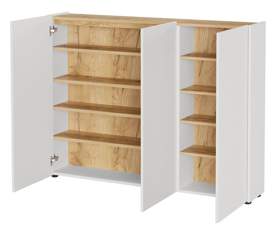 Ein weißer Schrank mit teilweise geöffneten Türen und hellbraunen Regalböden.