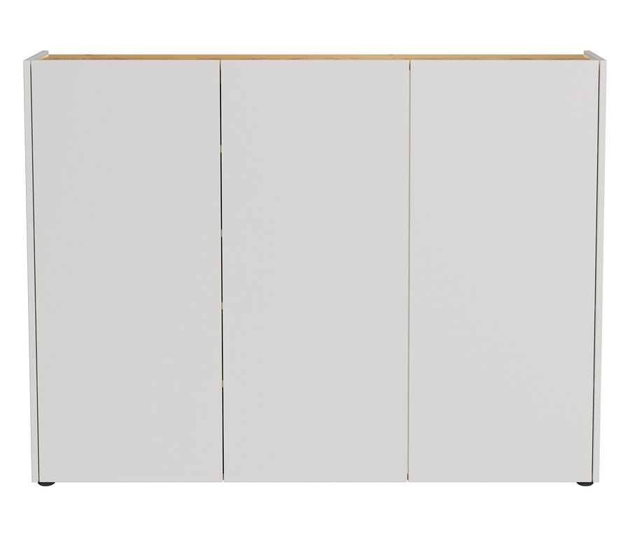 Frontansicht eines weißen Schranks mit drei Türen und einer hellbraunen Oberseite.