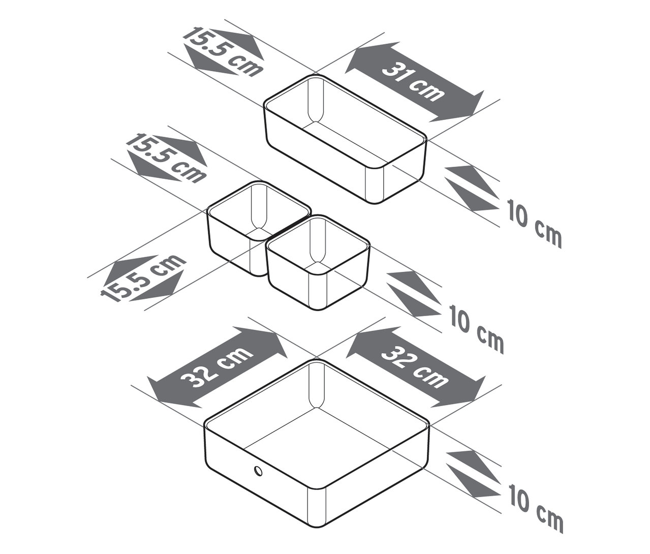 Abbildung von vier Schubladen-Organizer mit Größenangaben.