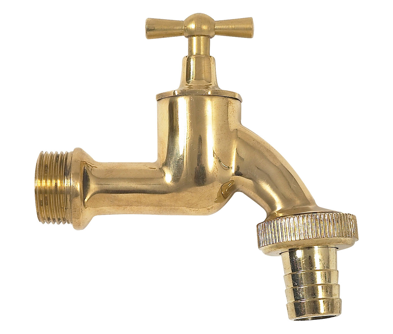 Nahaufnahme eines goldenen Wasserhahns vor einem weißen Hintergrund.