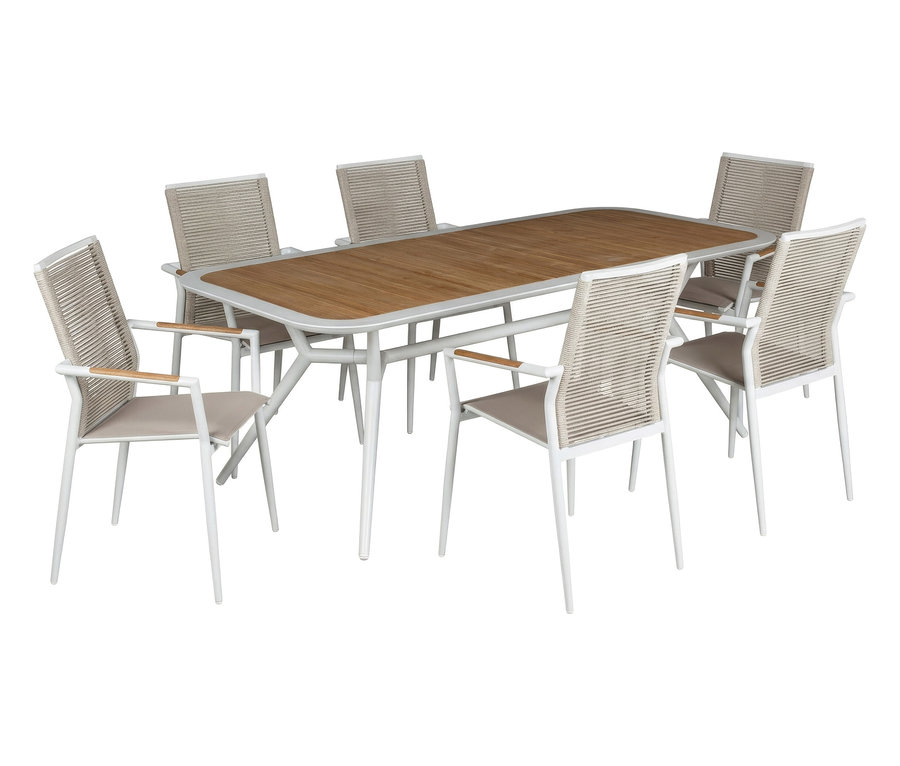 DeVries Dining-Set mit DeVries Tisch, 220 x 100cm, umgeben von sechs DeVries Stapelstühlen (2er-Set).