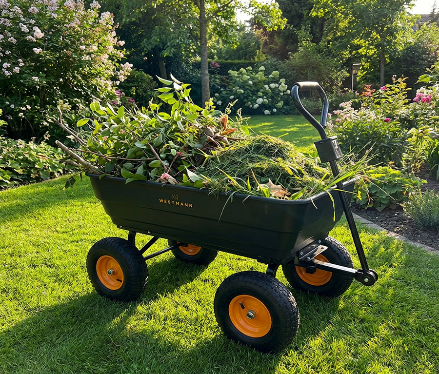 Der Westmann »Prakta L« Gartenwagen mit Kippfunktion steht auf Rasen, gefüllt mit Gartenabfällen vor blühenden Büschen.