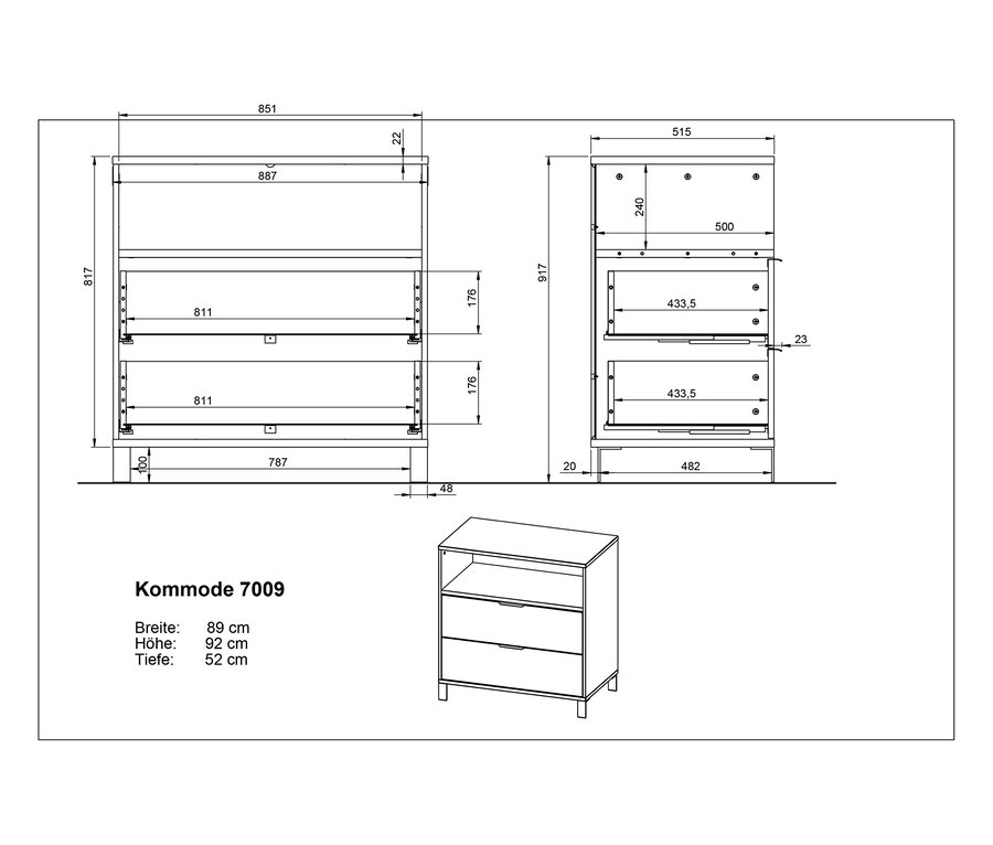 Technische Zeichnung einer Kommode 7009 mit Breiten-, Höhen- und Tiefenangaben in Zentimetern.