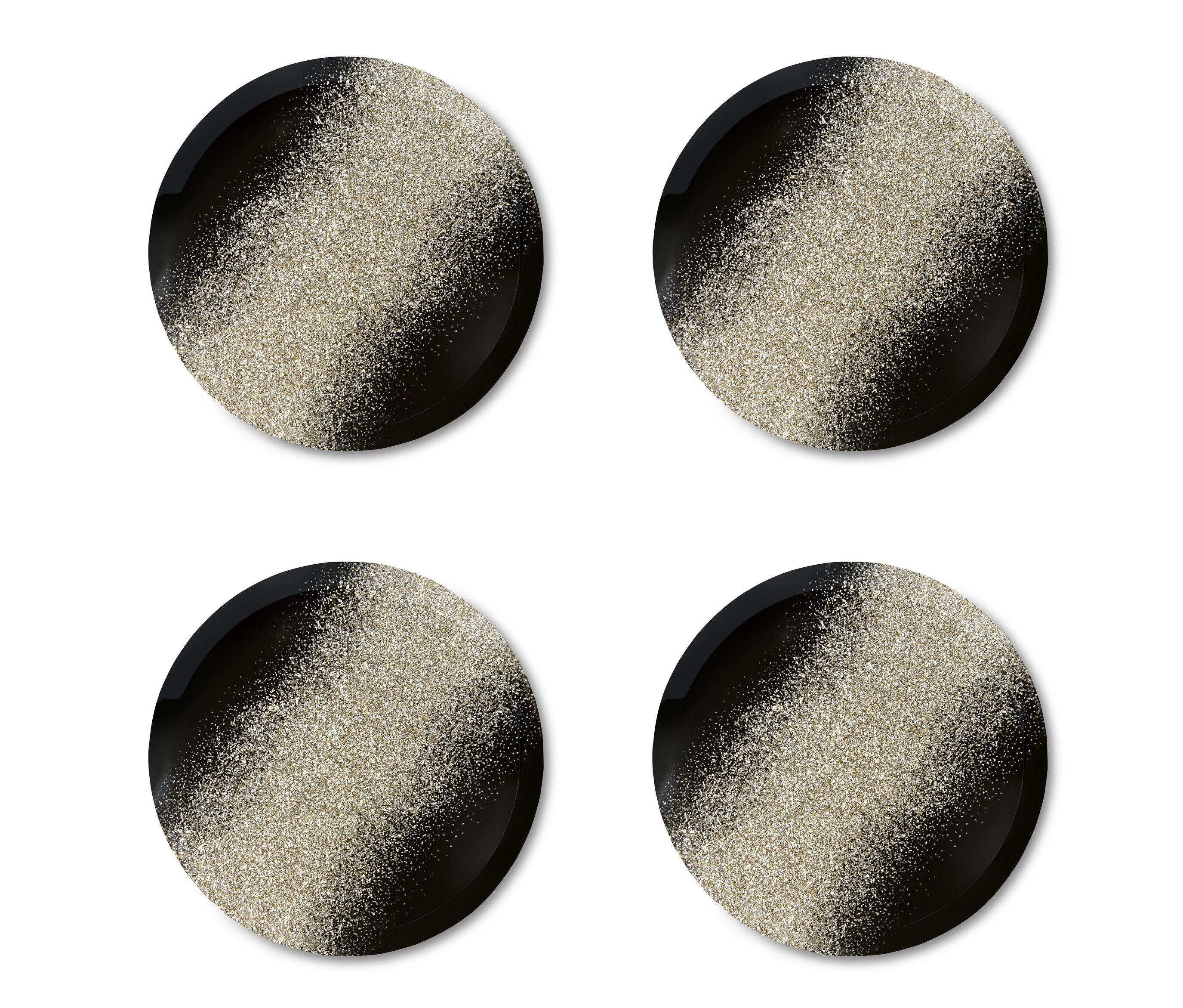 Vier dekorative Glasuntersetzer mit Glitzerdesign.