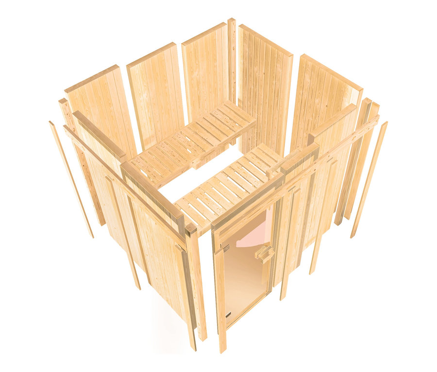 Teilweise aufgebaute Karibu-Sauna mit Eck-Einstieg und Bänken.