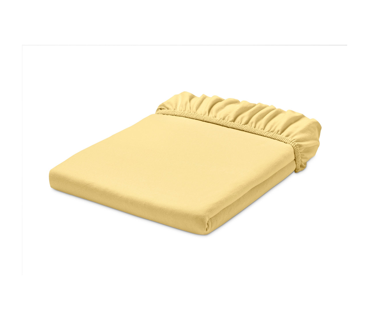 Gefaltetes gelbes Jersey-Spannbettlaken in Doppelgröße.