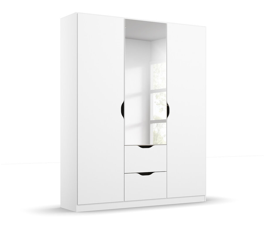 Weißer, dreitüriger Kleiderschrank mit Spiegel in der Mitte und zwei Schubladen unten. Rauch Kindermöbel-Set »Alvara«, 3-teilig und Kleiderschrank »Alvara« mit Spiegel.