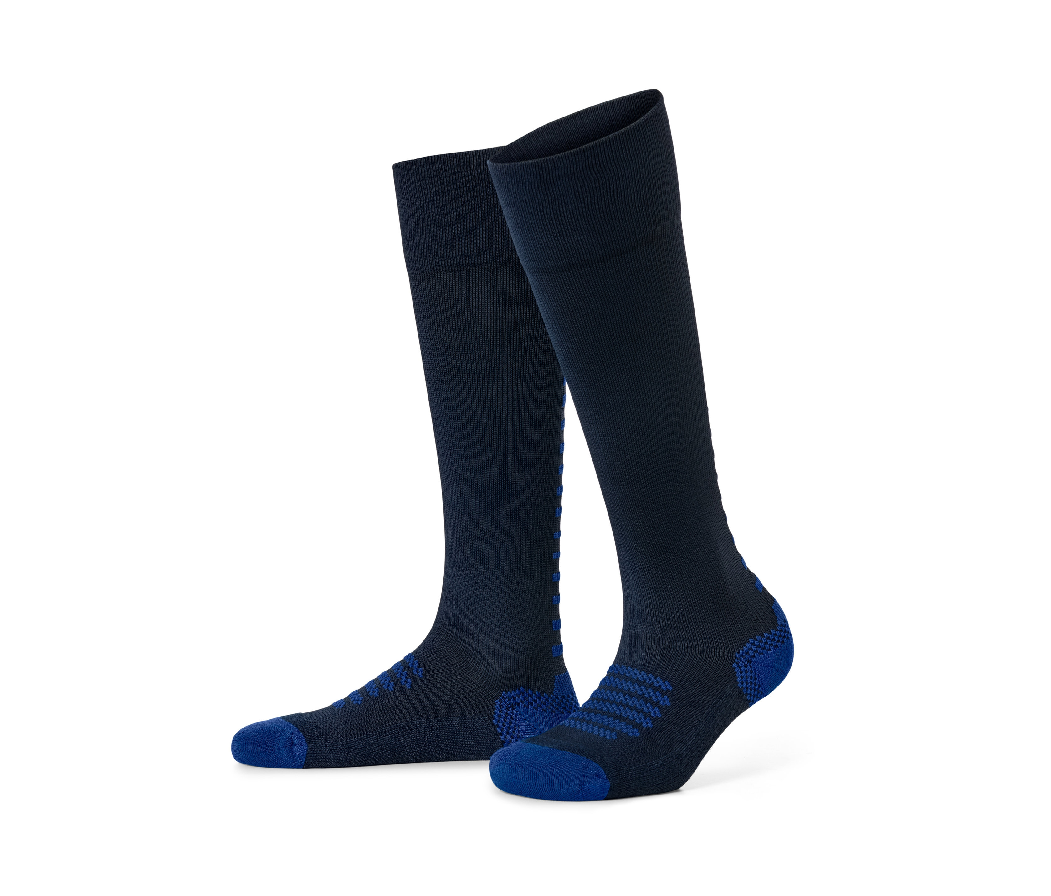 Zwei dunkelblaue Sport-Kompressions-Strümpfe mit blauen Details.