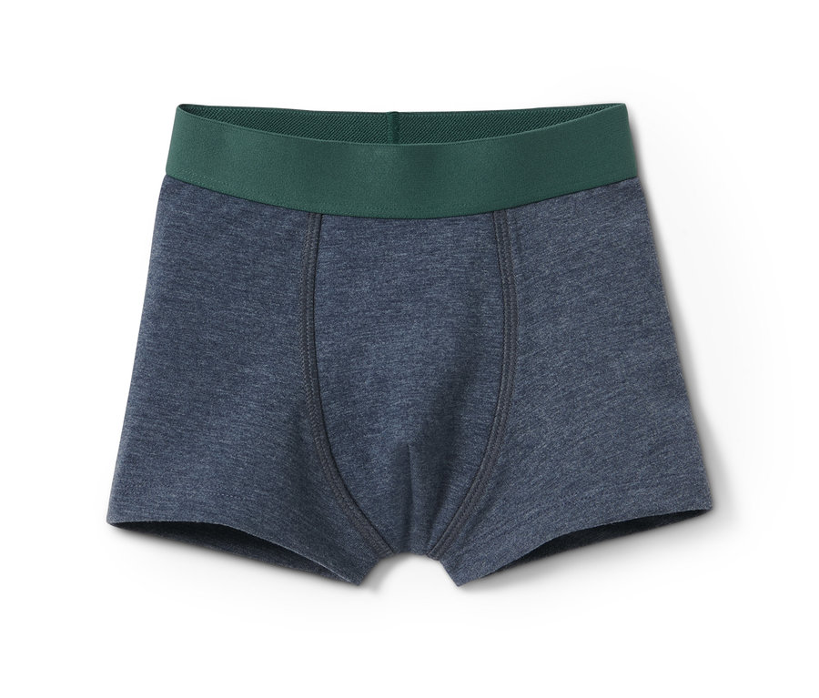 Eine einzelne blaue 3 Slipboxer mit einem dunkelgrünen Bund liegt auf einem weißen Hintergrund.