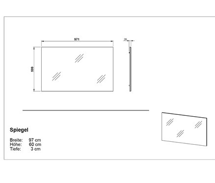 Technische Zeichnung eines rechteckigen Spiegels "Osby" und eines Universalspiegels, mittel, mit Abmessungen.