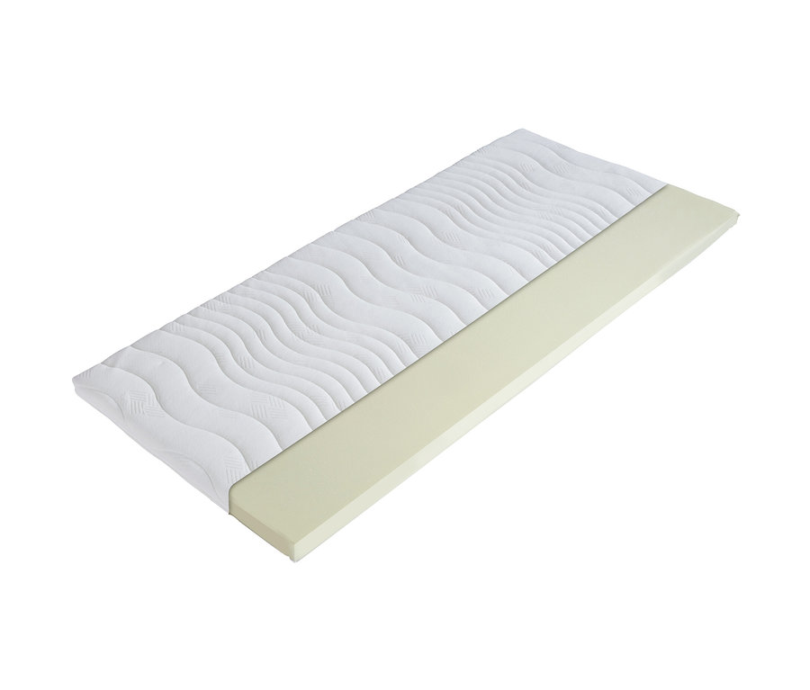 Ein weisser Matratzen Topper liegt neben einem rechteckigen Schaumstoffstück. Familienbett, ca. 240 x 200, dunkelgrau