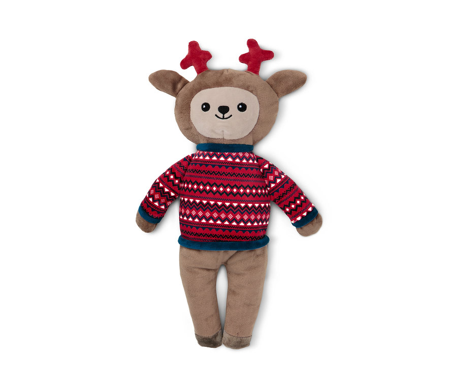 Hunde-Plüschspielzeug »Elch« liegt auf einem weißen Hintergrund.