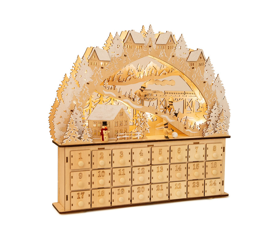 small foot Adventskalender »Ski« aus Holz mit 24 Schubladen und Winterlandschaft mit Skifahrern.