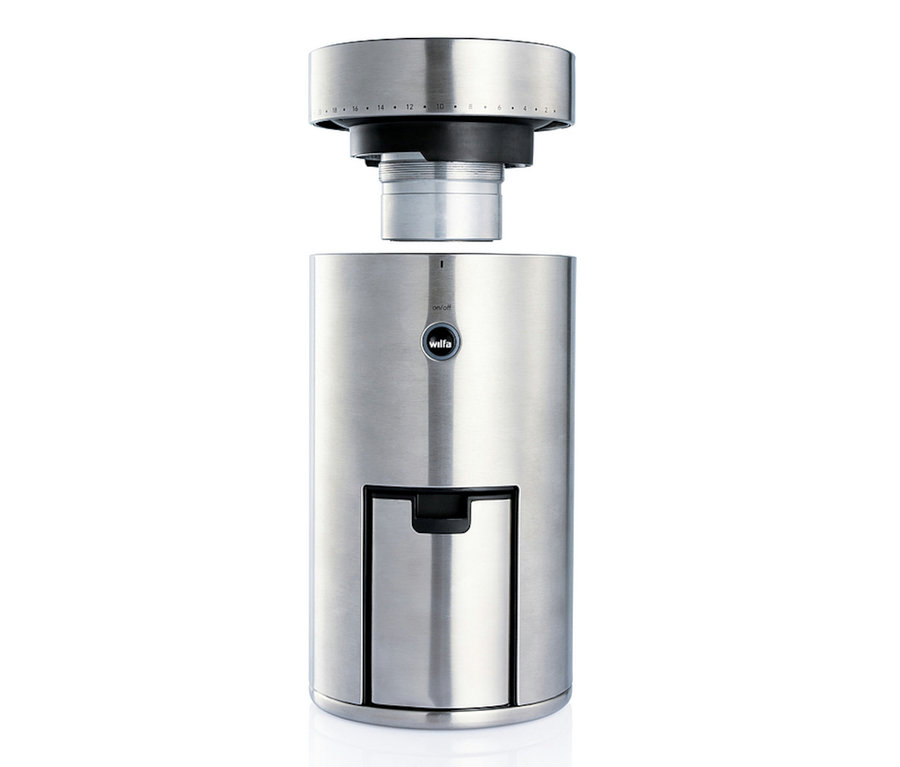 Silberne Wilfa Kaffeemühle »Svart Uniform« mit zwei getrennten Teilen.