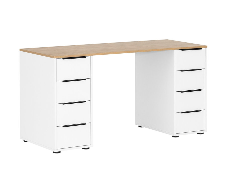 Weißer Schreibtisch »Elma« mit fünf Schubladen und heller Holzplatte.