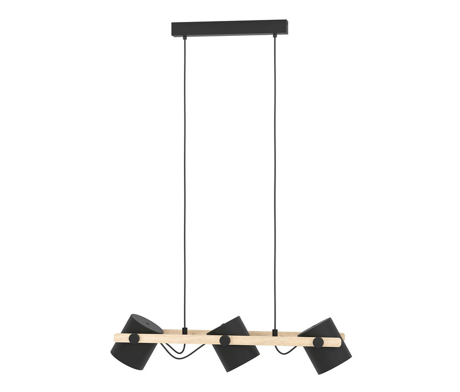 Schwarze Eglo 3er-Pendelleuchte »Hornwood« mit drei Lampenschirmen an einem Holzbalken.