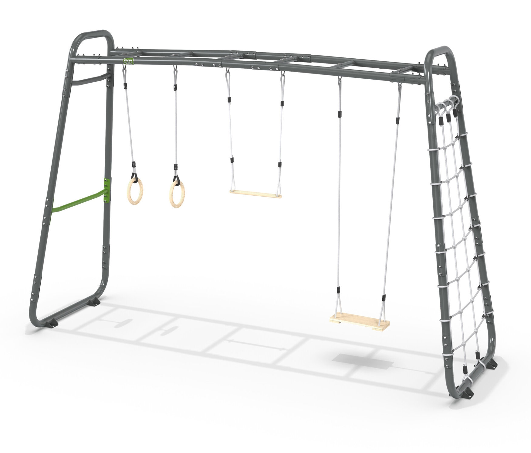 Graues EXIT Klettergerüst »MB310« mit zwei Schaukeln und einer Strickleiter.