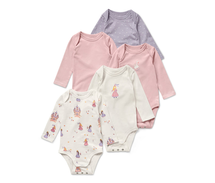 Fünf Baby-Bodys mit Mitwachsfunktion im Prinzessinen-Design in Lila gepunktet, Rosa und Weiss mit Aufdruck.