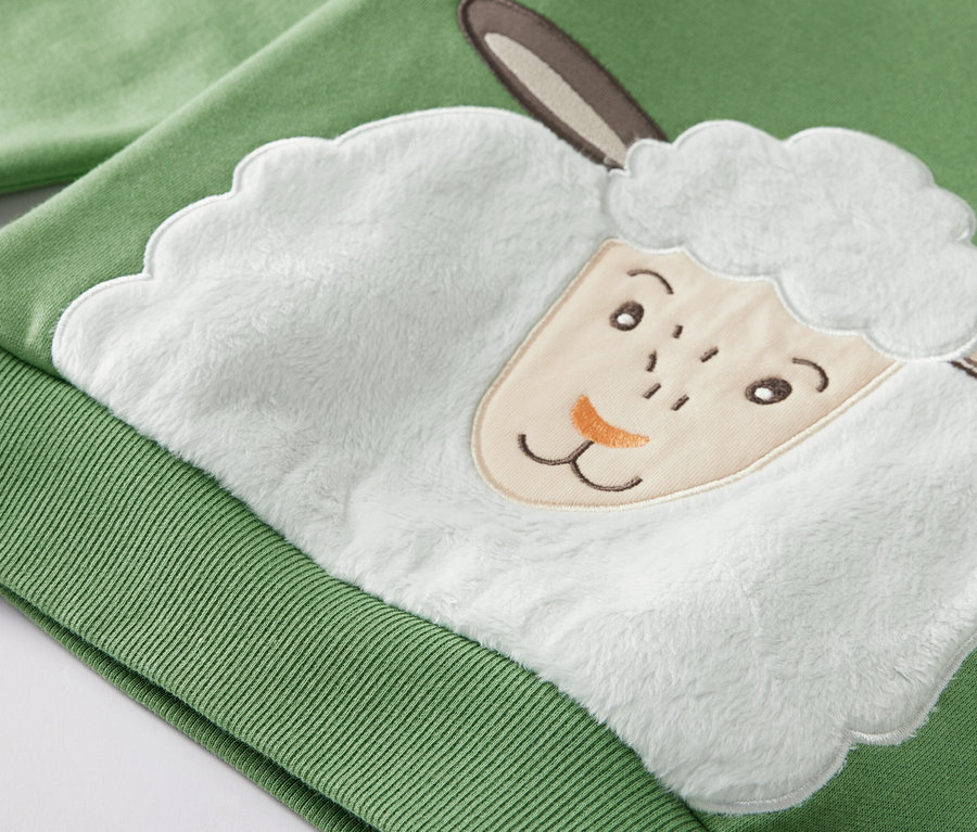 Detailansicht eines grünen Kinder-Sweatshirts mit angerauter Innenseite und Applikation eines Schafs.