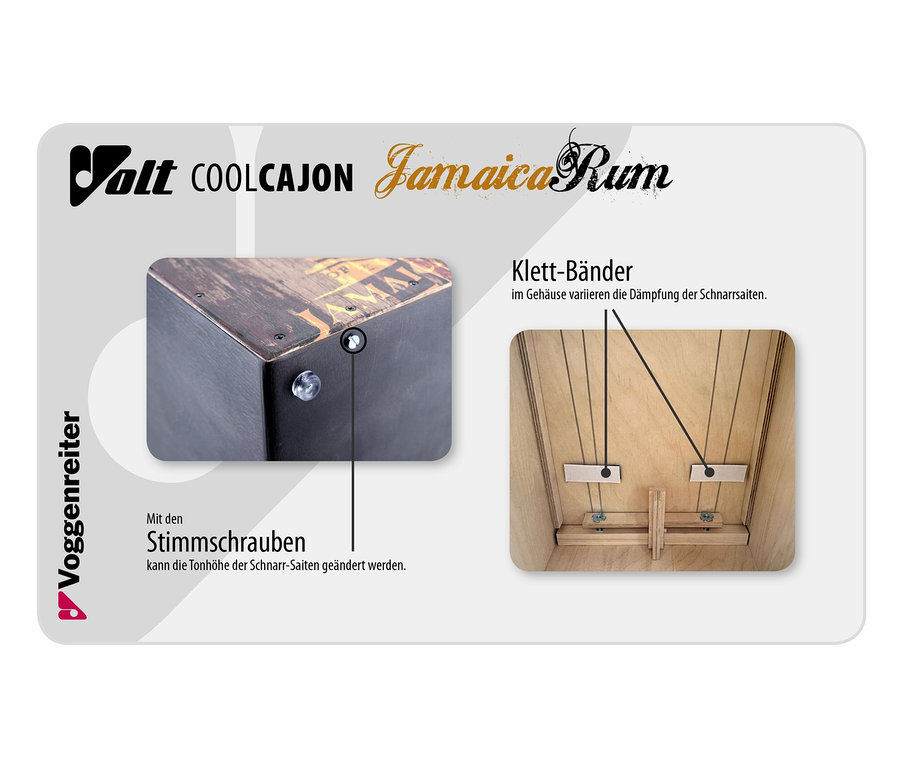 Detailansicht der Voggenreiter VOLT Cool Cajon »Jamaica Rum« mit hervorgehobenen Elementen.