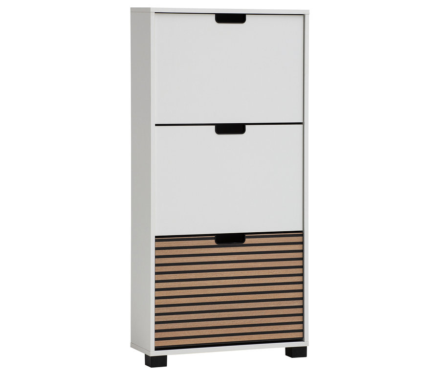 Weißer Schuhschrank mit drei Schubladen und schwarzen Griffen.