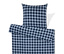Blau karierte Bettwäsche mit Kissen.