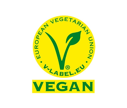 Gelb-grünes V-Label Logo der Europäischen Vegetarier-Union mit dem Schriftzug VEGAN.