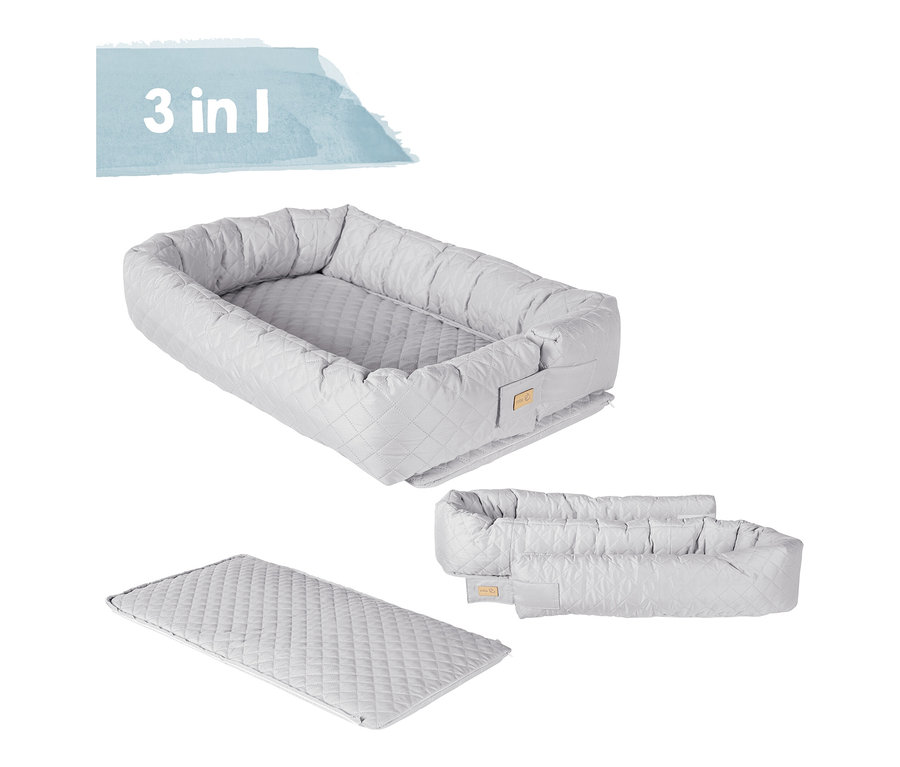 Die graue Roba 3-in-1 Babylounge wird in drei verschiedenen Konfigurationen gezeigt.
