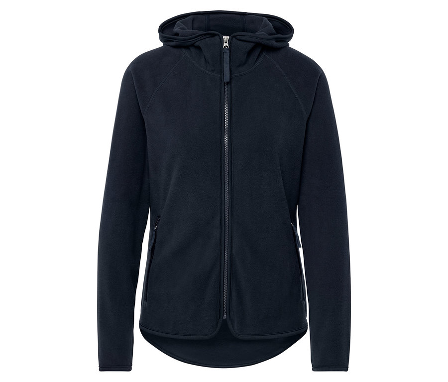 Dunkelblaue Fleecejacke mit Kapuze und Reißverschluss.