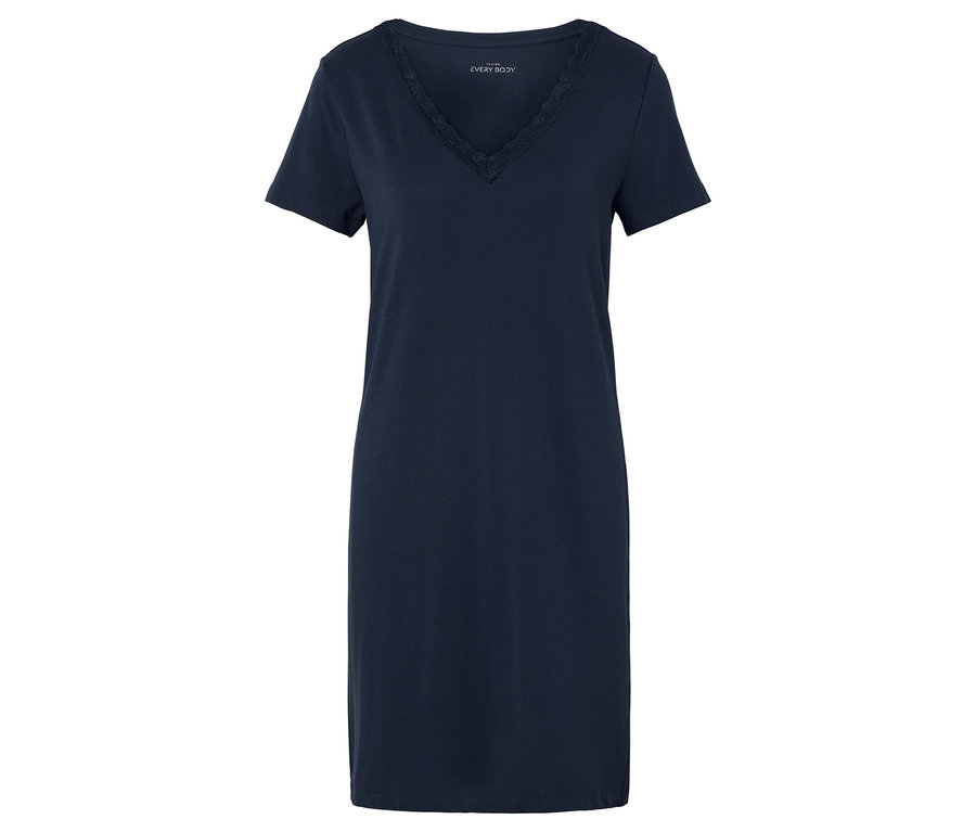 Dunkelblaues Nachthemd mit V-Ausschnitt und kurzen Ärmeln, verziert mit Spitze.