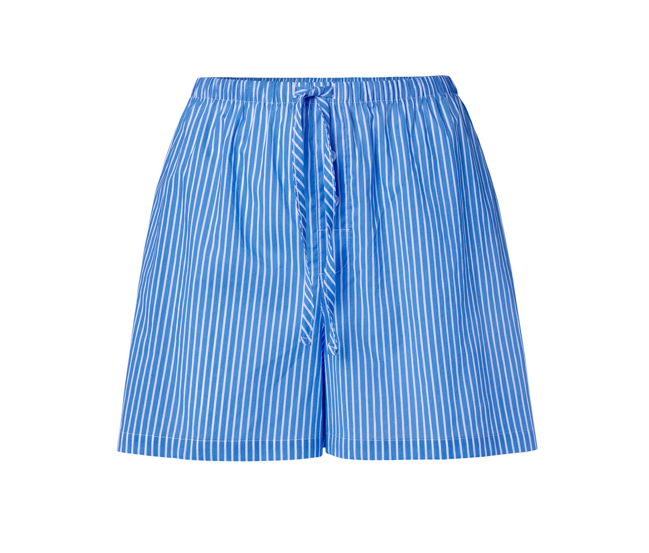 Blaue Web-Shorts mit weißen Streifen und Kordelzug in der Taille.