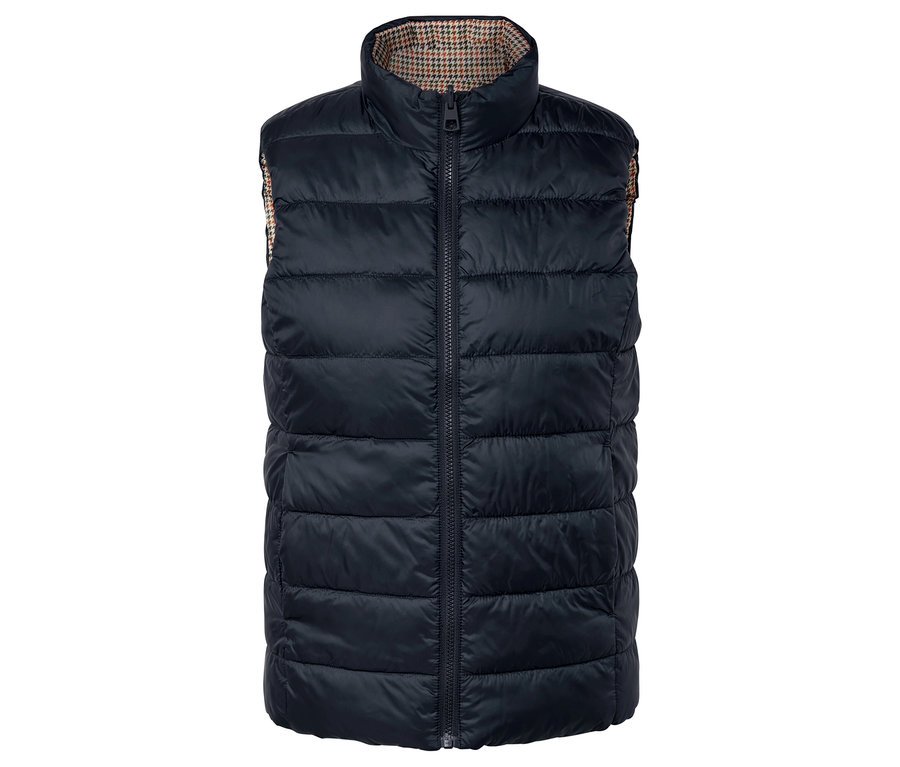 Schwarze Steppweste mit Hahnentrittmuster-Futter.