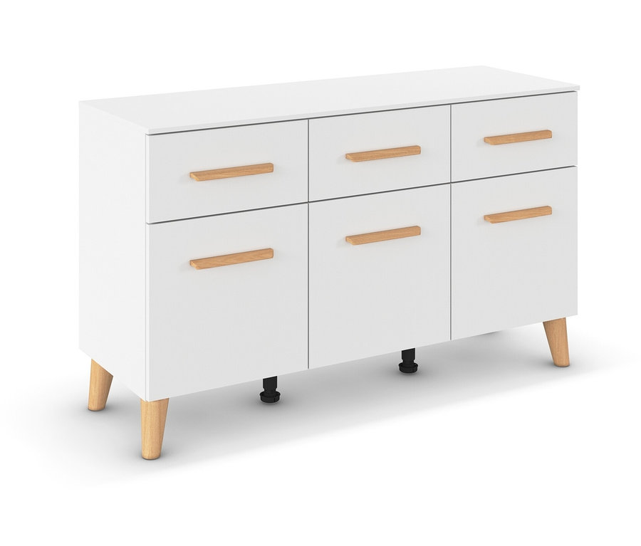 Weiße Kommode mit sechs Schubladen und Holzgriffen.