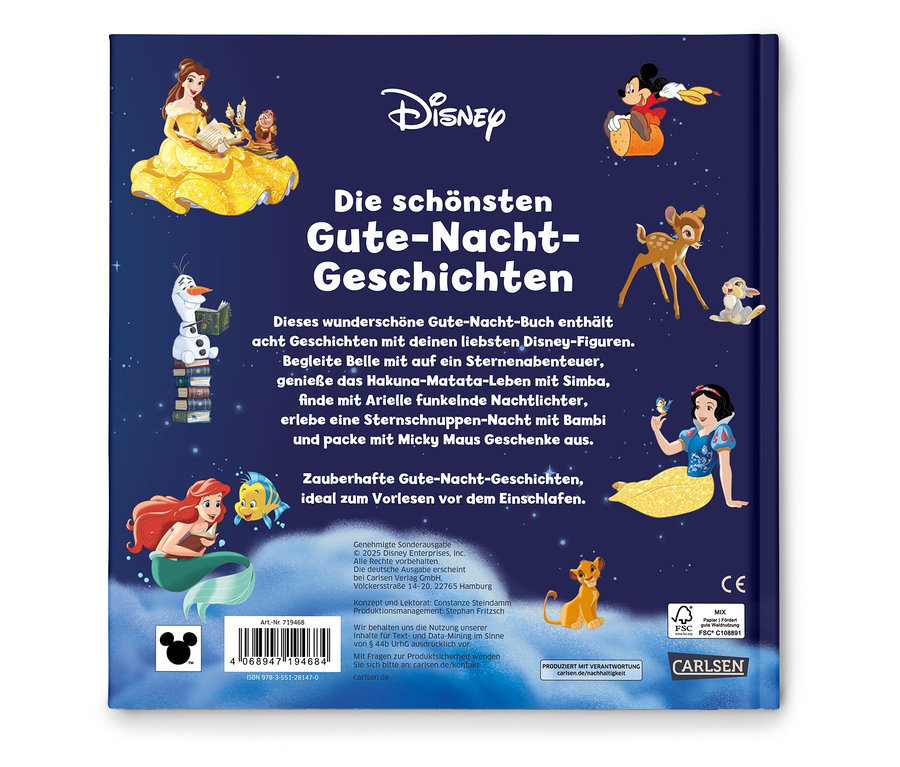 Cover des Disney-Buches "Die schönsten Gute-Nacht-Geschichten" mit Belle, Olaf, Arielle, Simba, Bambi, Schneewittchen und Micky Maus.