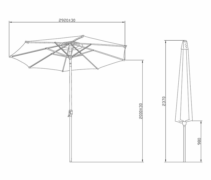 Eine Zeichnung von einem grauen Leco Marktschirm in Holzoptik inklusive Abdeckhaube.