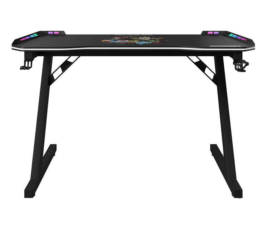 Schwarzer roba Minecraft Gaming-Tisch mit RGB-Beleuchtung auf weißem Hintergrund.