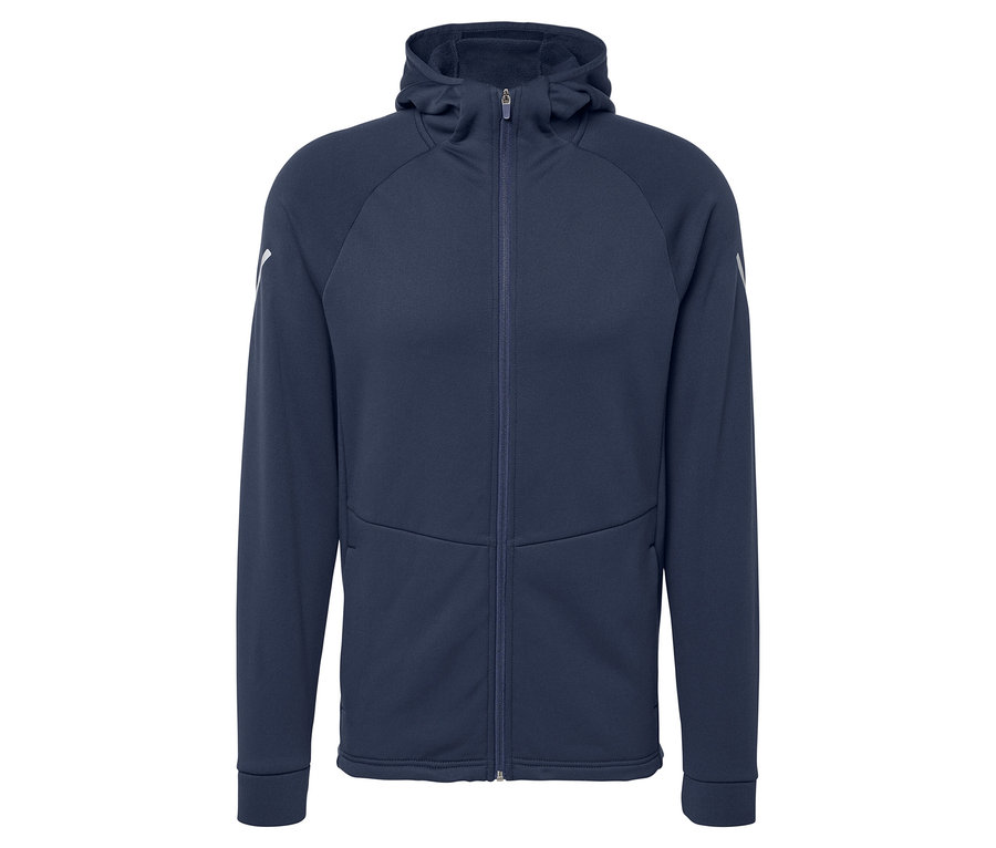 Dunkelblaue Thermojacke mit Kapuze und durchgehendem Reißverschluss.
